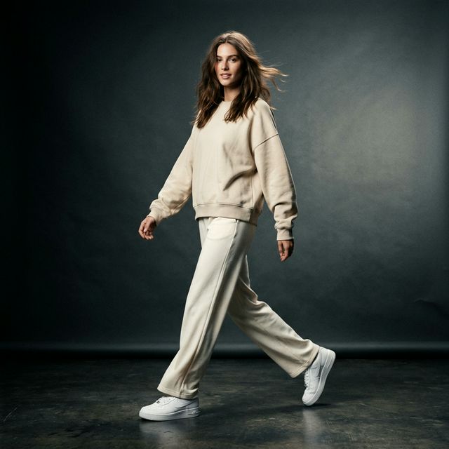 KI-generiertes On-Model-Bild einer Frau in beigem Outfit