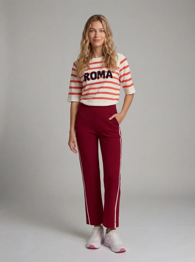 KI-generiertes On-Model-Bild: Model in gestreiftem Shirt und roter Hose